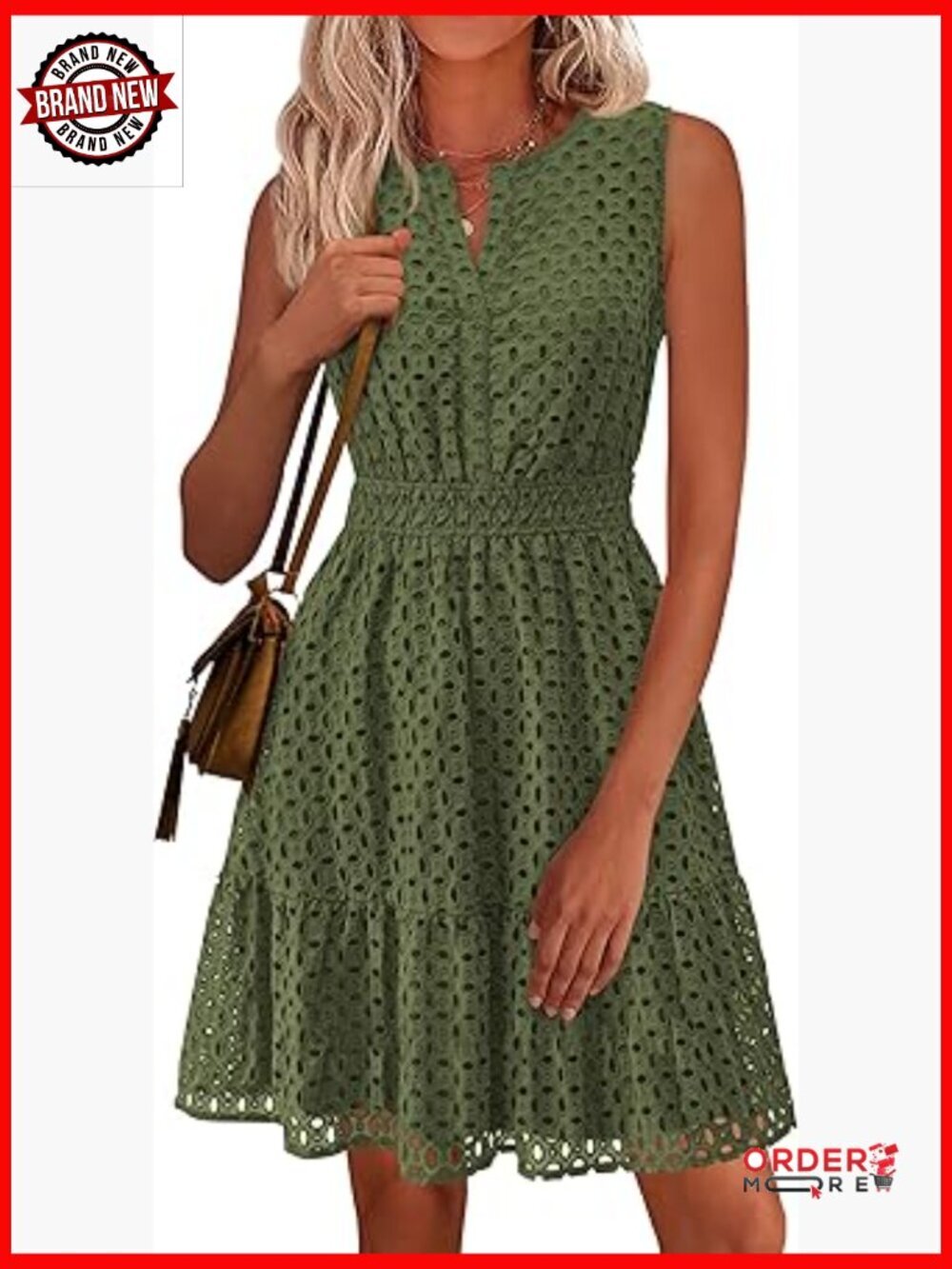 Sleeveless V Neck Eyelet Swing A Line Dress Knee Length Beach Summer